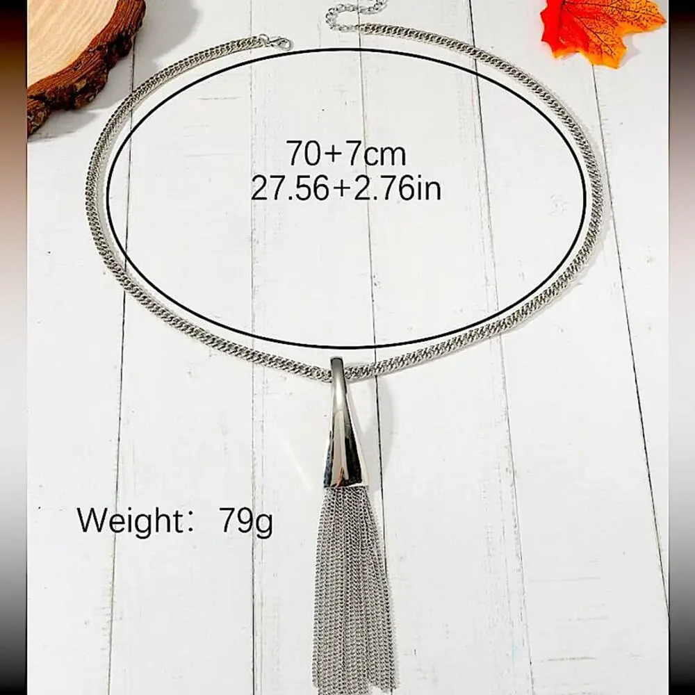 Silver Y Lariat Necklace, Multi-strand, Tassel, Chain Link Statement, Boho - Picture 2 of 3